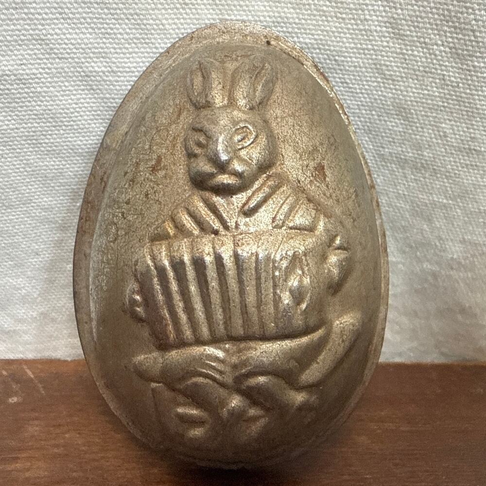 Antique Metal Chocolate Half Egg Mold Easter Bunny / Rabbit Playing Accordion